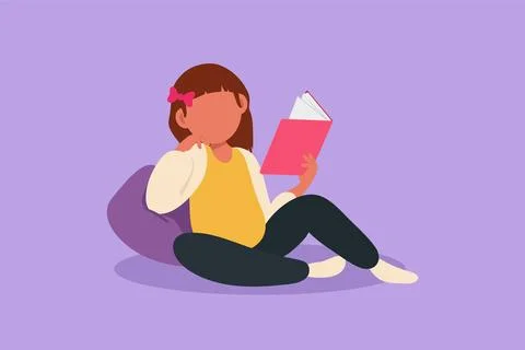 Graphic flat design drawing little girl reading, learning and leaning on co.. Stock Illustration