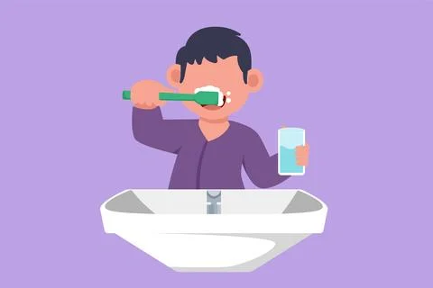Graphic flat design drawing of little boy brushing his teeth in sink. Child.. Stock Illustration