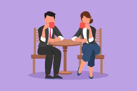 Graphic flat design drawing loving couple is drinking coffee in a cafe. A m.. Illustrazione stock