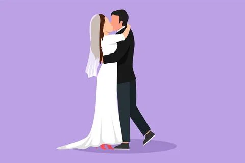 Graphic flat design drawing loving married couple kissing, hugging and hold.. Ilustração Stock