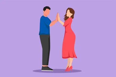Graphic flat design drawing man and woman holding hands and looking in each.. Stock Illustration