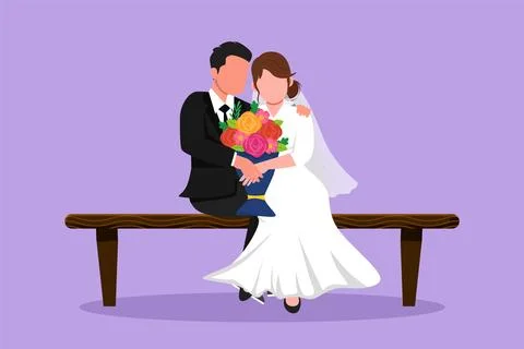 Graphic flat design drawing man gives flowers to woman and hug her on bench.. Stock Illustration