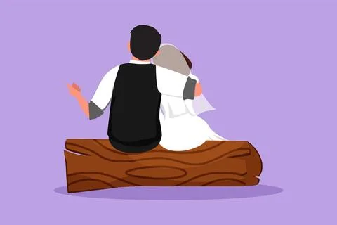 Graphic flat design drawing married people in love sit on wooden log, huggi.. Stock Illustration