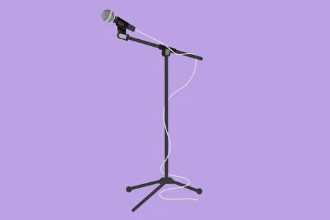 Graphic flat design drawing microphone logo with cable on stand mic isolate.. Ilustración de archivo