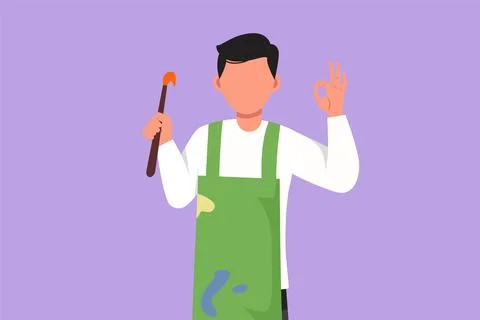 Graphic flat design drawing painter artist holding paintbrush with okay ges.. Stock Illustration