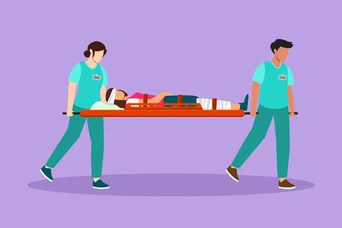 Graphic flat design drawing paramedic team of woman doctors moving with inj.. Ilustración de archivo