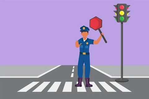 Graphic flat design drawing policeman on crossing path near traffic light, .. Stock Illustration