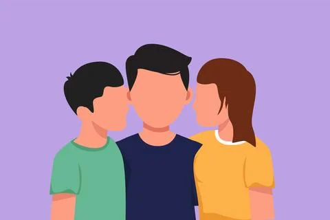 Graphic flat design drawing portrait of adorable son and daughter kissing t.. Stock Illustration
