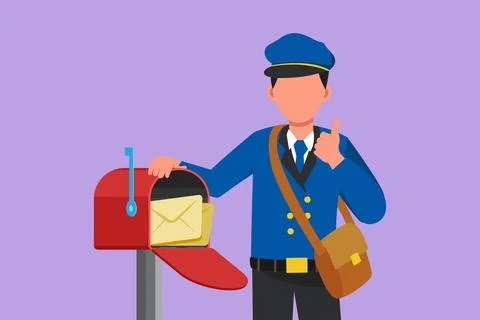 Graphic flat design drawing postman holding envelope on mail box with thumb.. Stock-Illustration