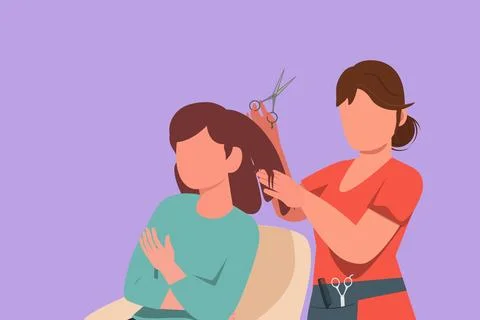 Graphic flat design drawing pretty brunette working as hairdresser and cutt.. Stock Illustration