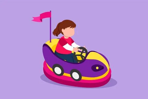 Graphic flat design drawing of pretty little girl riding in bump car at out.. Stock Illustration