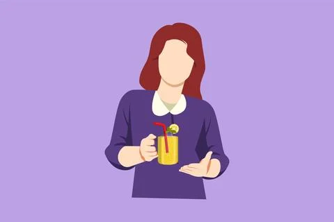 Graphic flat design drawing pretty woman holds and show mug of lemonade wit.. 스톡 일러스트