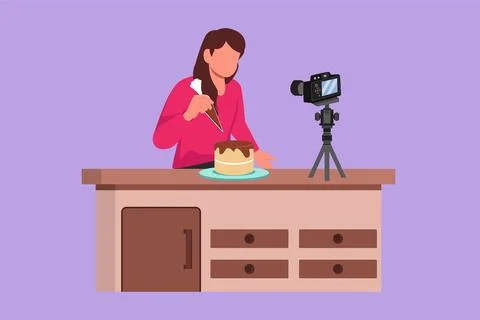 Graphic flat design drawing pretty girl baking and decorating cake at kitch.. Illustrazione stock