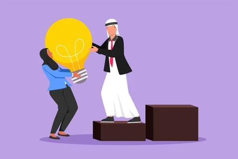 Graphic flat design drawing pretty Arab woman helping active man to lifting.. イラスト素材
