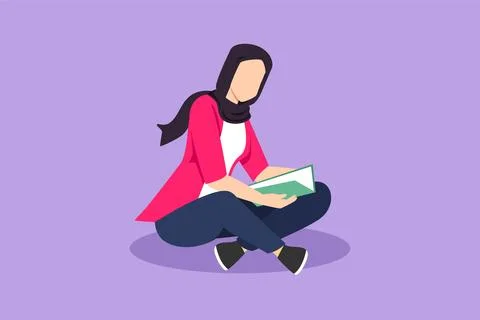 Graphic flat design drawing pretty Arab female sitting on floor and reading.. Stock Illustration