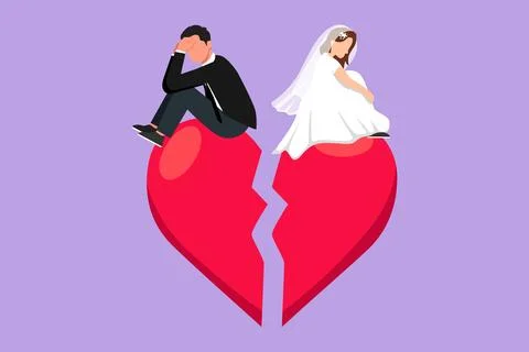 Graphic flat design drawing of relationship break up, broken heart, couple .. Stock Illustration