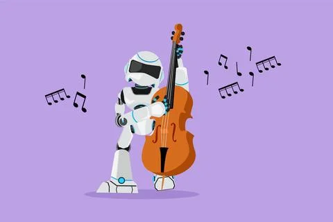 Graphic flat design drawing robot musician playing double bass or contrabas.. イラスト素材