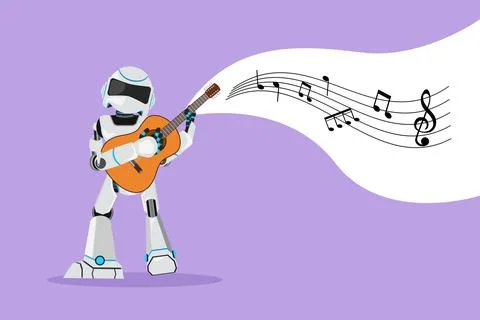 Graphic flat design drawing robot playing ukulele or small guitar and singi.. Stockillustratie