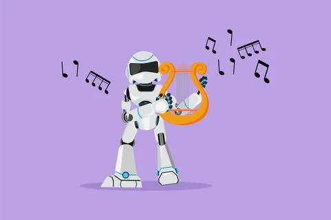 Graphic flat design drawing robot musician playing musical lyre on stage. C.. Stock-Illustration