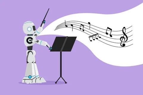 Graphic flat design drawing robot music conductor directing symphony orches.. Stock Illustration