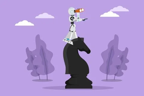 Graphic flat design drawing robot standing on top big horse chess piece usi.. Stock Illustration