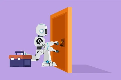 Graphic flat design drawing robot prying doorknob with screwdriver. Cyborg .. イラスト素材