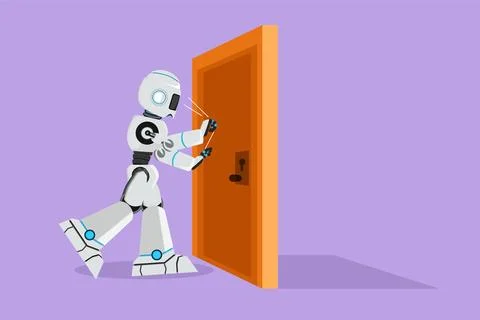 Graphic flat design drawing of robot knocking at door. Cyborg standing at e.. Stockillustratie
