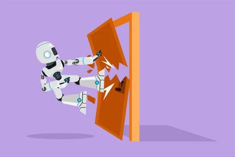 Graphic flat design drawing robot kicks the door with flying kick until doo.. Illustrazione stock