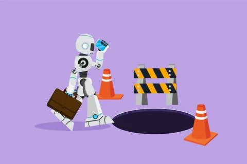 Graphic flat design drawing of robot talking on smartphone and walking to b.. Ilustração Stock