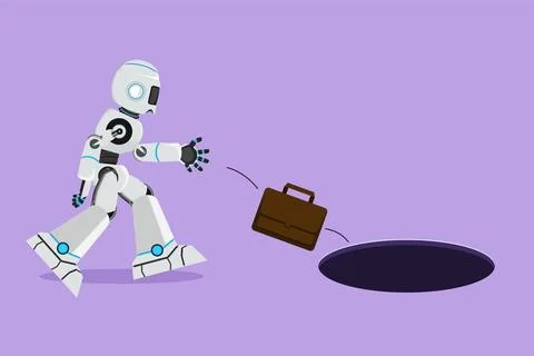 Graphic flat design drawing of robot throws briefcase into hole. Failed to .. イラスト素材