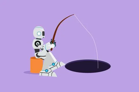 Graphic flat design drawing of robot sit and holding fishing rod from hole... Illustrazione stock