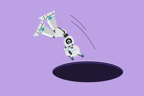 Graphic flat design drawing robot jump into hole. Depressed with tech busin.. Stock Illustration