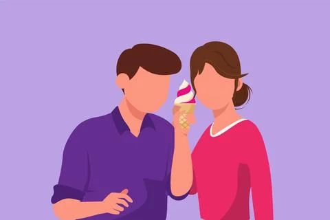Graphic flat design drawing of romantic couple standing and sharing ice cre.. Stock Illustration