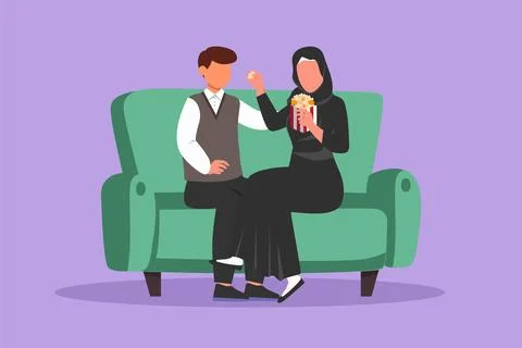 Graphic flat design drawing romantic young Arab couple sitting relaxed toge.. イラスト素材