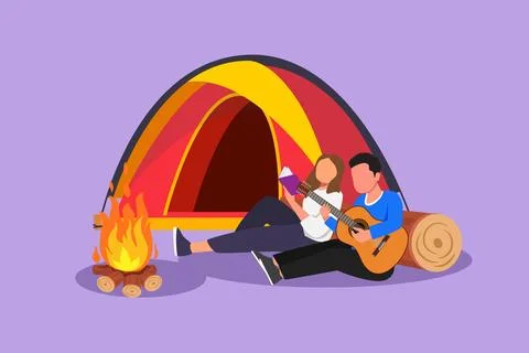 Graphic flat design drawing romantic couple camping. Camper sitting by camp.. イラスト素材