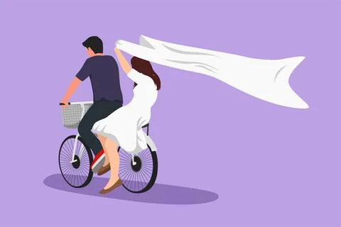 Graphic flat design drawing romantic couple having fun on date riding bicyc.. Stock Illustration