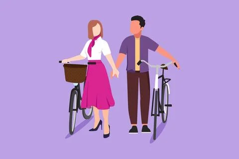 Graphic flat design drawing romantic couple cyclists walking down forest ro.. Illustration