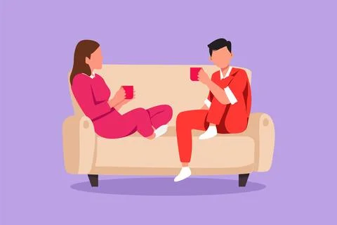 Graphic flat design drawing romantic couple sitting at sofa, talking and dr.. Stock Illustration