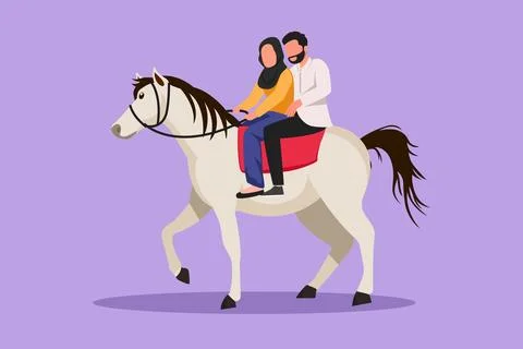 Graphic flat design drawing romantic Arab couple in love horseback riding. .. Stock Illustration