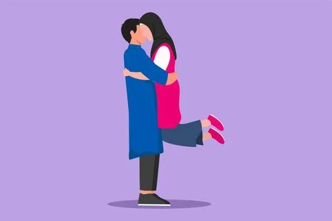 Graphic flat design drawing romantic Arab couple in love kissing and huggin.. Stock Illustration