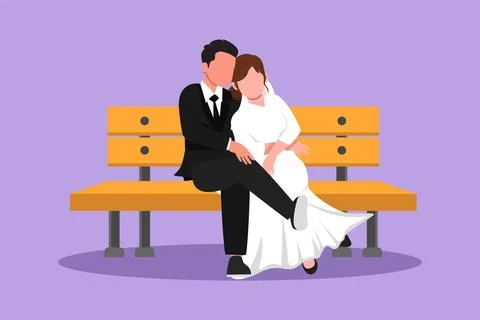 Graphic flat design drawing romantic married couple on bench in park. Happy.. Ilustración de archivo