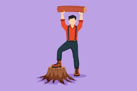 Graphic flat design drawing smiling lumberjack man holding downed log. Wear.. Illustrazione stock