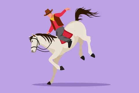 Graphic flat design drawing of strong and brave cowboy on wild horse mustan.. Stock Illustration