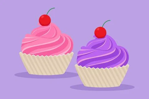 Graphic flat design drawing stylized baked muffin with cherry cake online s.. Stock Illustration