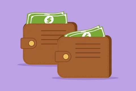 Graphic flat design drawing of stylized brown wallet with green paper money.. Stock Illustration