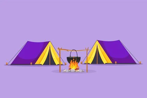 Graphic flat design drawing stylized camping composition with two tents fir.. Stock Illustration