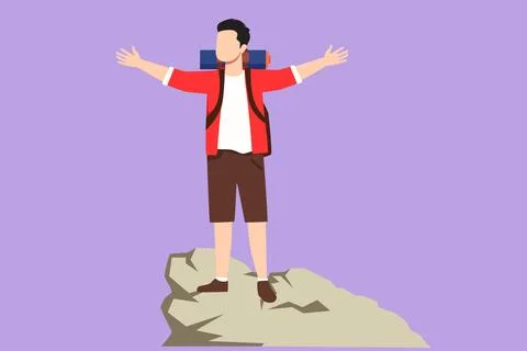 Graphic flat design drawing successful climber man stands with arms outstre.. Stock Illustration