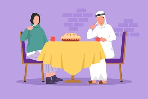 Graphic flat design drawing tea time with cake. Happy Arab couple sitting a.. Stock Illustration