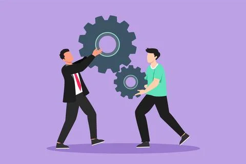 Graphic flat design drawing team of business tech people hold up technology.. Stock Illustration