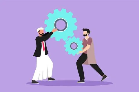 Graphic flat design drawing team of business people hold up technology gear.. Illustrazione stock